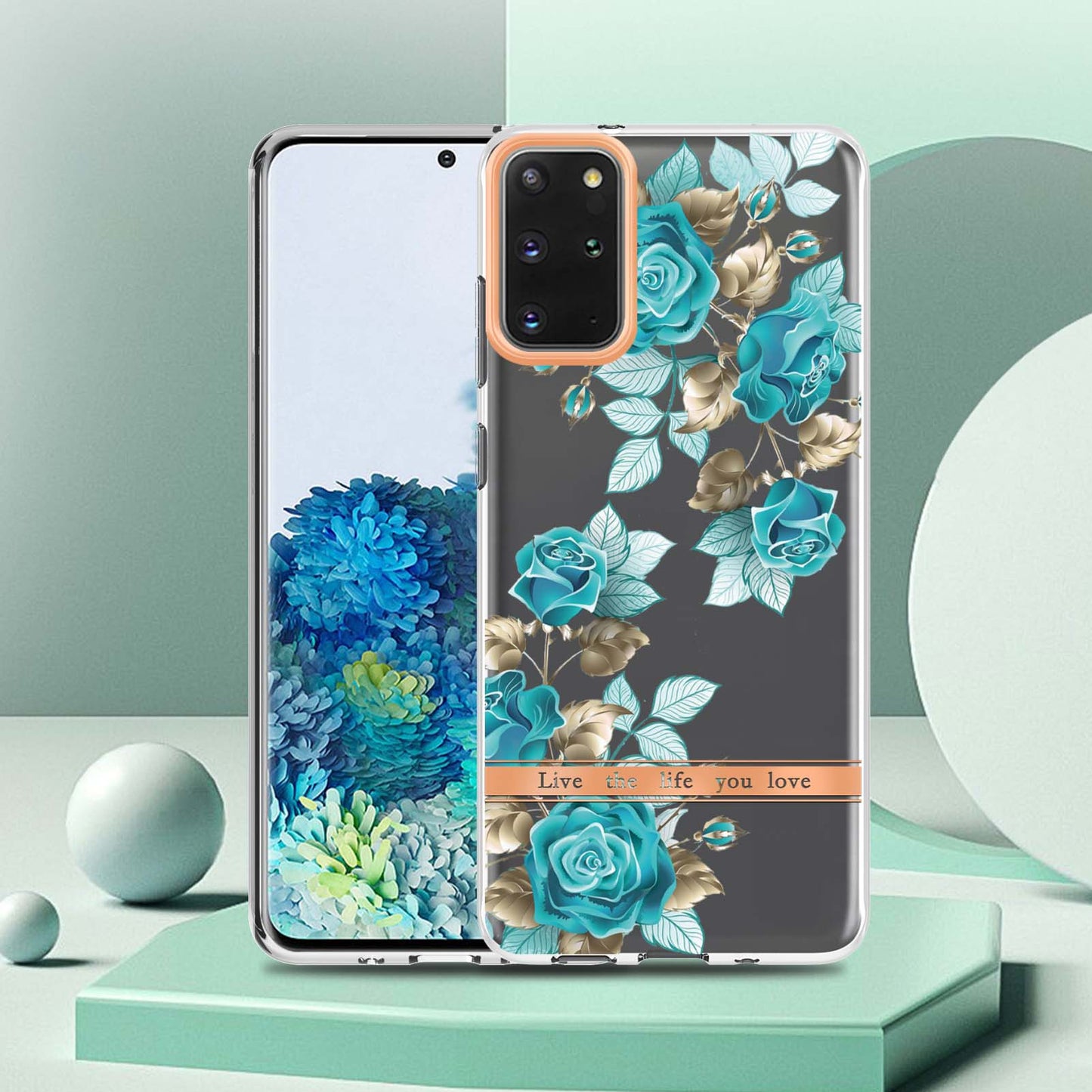 LB5 Series IMD IML Electroplating TPU Phone Case for Samsung Galaxy S20 Plus/S20 Plus 5G Flower Pattern Mobile Cover - HC002 Blue Rose