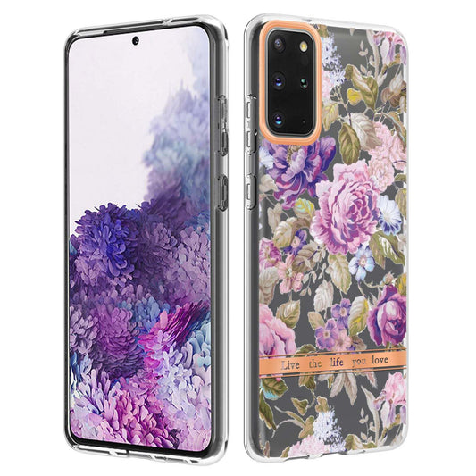 LB5 Series IMD IML Electroplating TPU Phone Case for Samsung Galaxy S20 Plus/S20 Plus 5G Flower Pattern Mobile Cover - HC006 Purple Peony