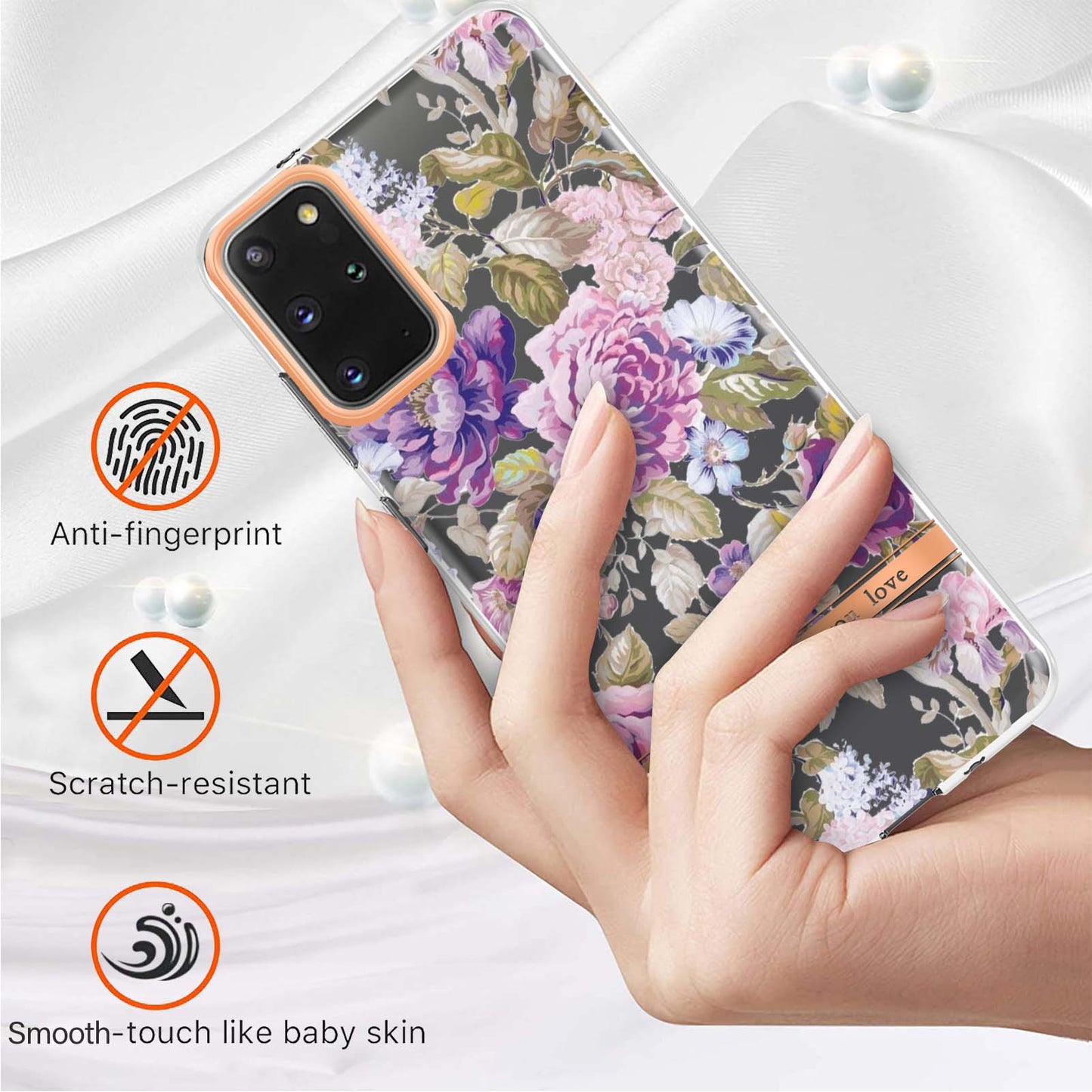 LB5 Series IMD IML Electroplating TPU Phone Case for Samsung Galaxy S20 Plus/S20 Plus 5G Flower Pattern Mobile Cover - HC006 Purple Peony