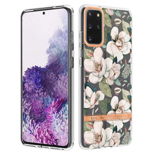 LB5 Series IMD IML Electroplating TPU Phone Case for Samsung Galaxy S20 Plus/S20 Plus 5G Flower Pattern Mobile Cover - HC001 Green Gardenia