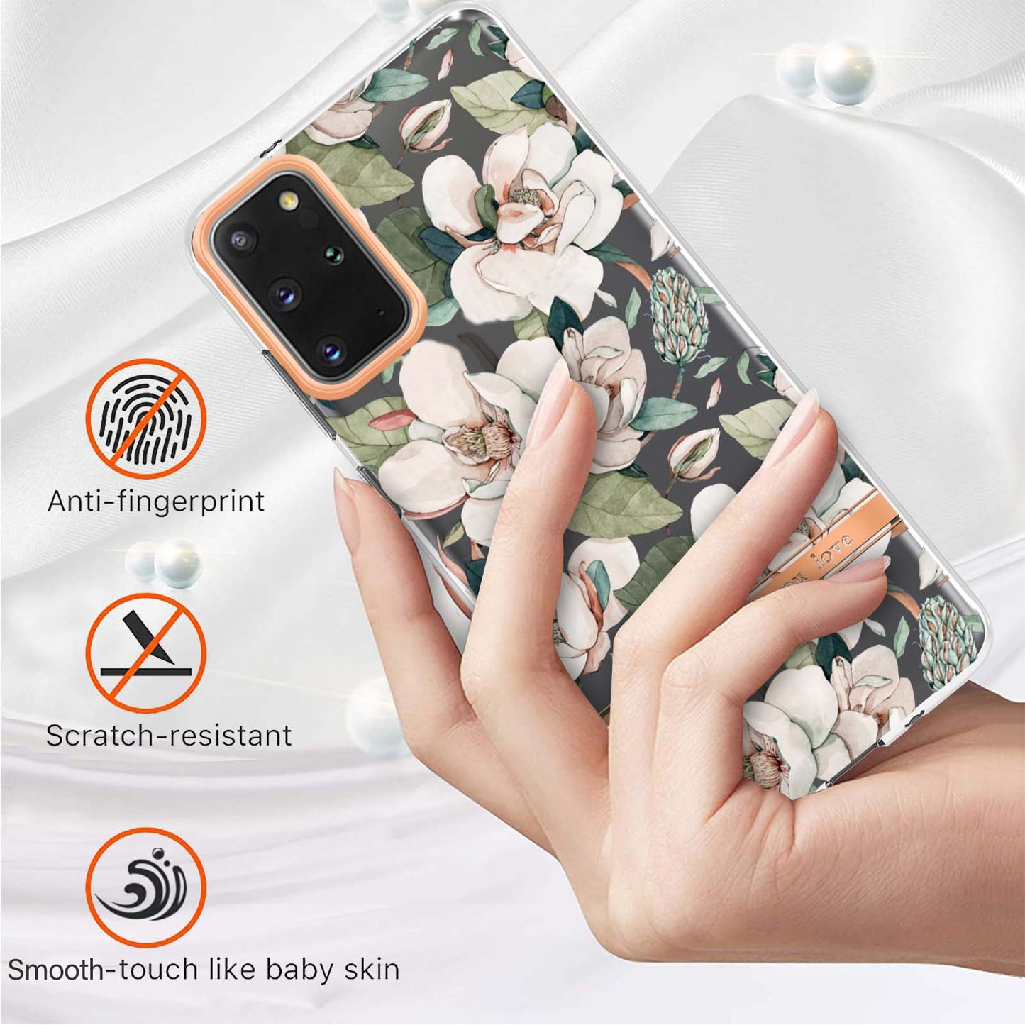 LB5 Series IMD IML Electroplating TPU Phone Case for Samsung Galaxy S20 Plus/S20 Plus 5G Flower Pattern Mobile Cover - HC001 Green Gardenia