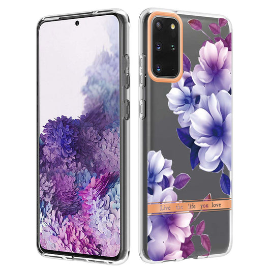 LB5 Series IMD IML Electroplating TPU Phone Case for Samsung Galaxy S20 Plus/S20 Plus 5G Flower Pattern Mobile Cover - HC004 Purple Begonia