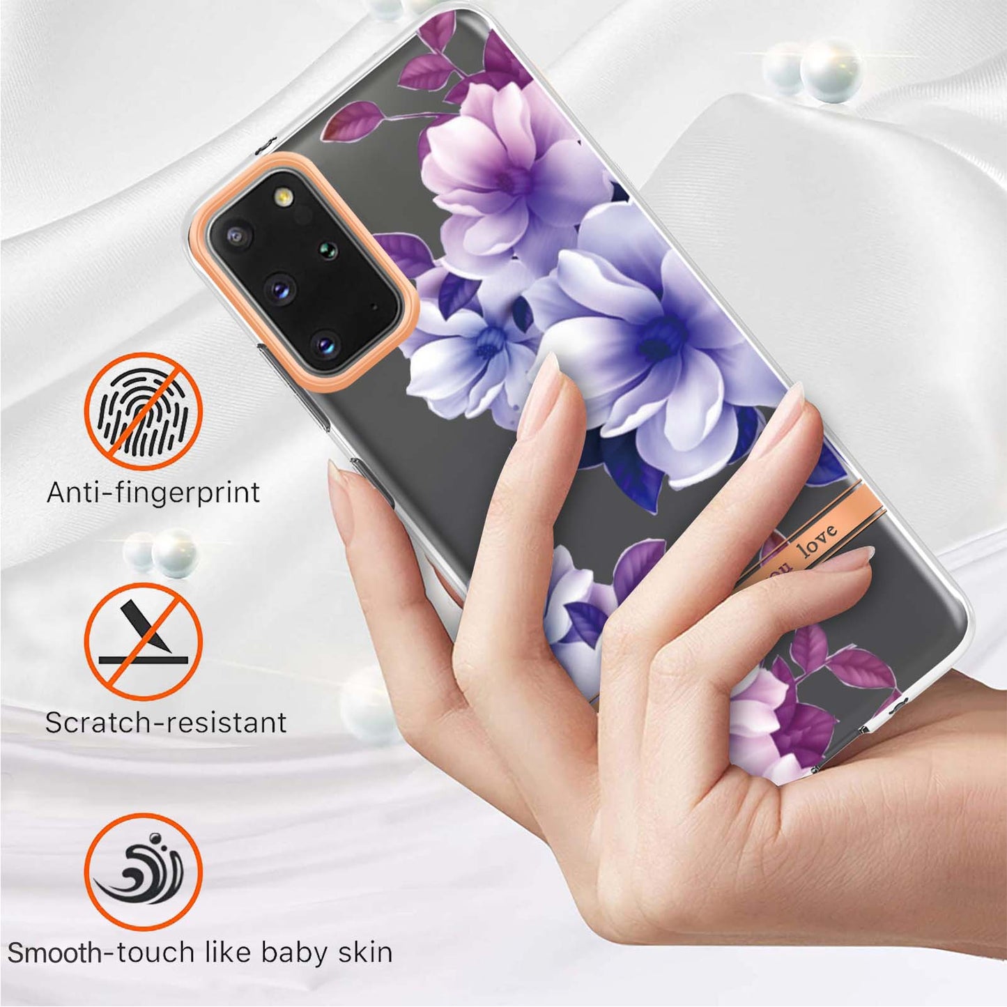 LB5 Series IMD IML Electroplating TPU Phone Case for Samsung Galaxy S20 Plus/S20 Plus 5G Flower Pattern Mobile Cover - HC004 Purple Begonia