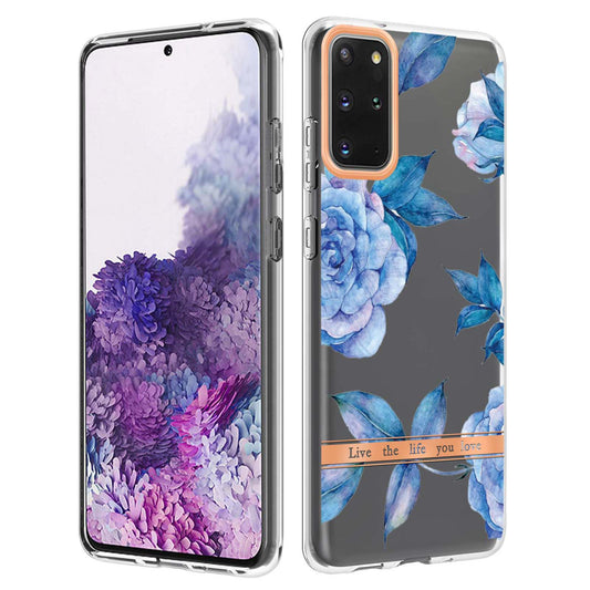 LB5 Series IMD IML Electroplating TPU Phone Case for Samsung Galaxy S20 Plus/S20 Plus 5G Flower Pattern Mobile Cover - HC003 Blue Peony