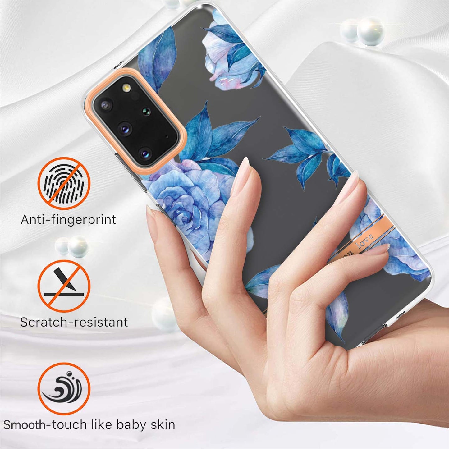 LB5 Series IMD IML Electroplating TPU Phone Case for Samsung Galaxy S20 Plus/S20 Plus 5G Flower Pattern Mobile Cover - HC003 Blue Peony