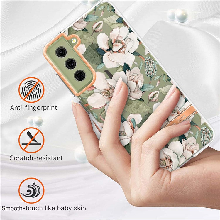 LB5 Series Flower Pattern TPU Case for Samsung Galaxy S21 FE 5G Electroplating IMD IML Mobile Phone Cover - HC001 Green Gardenia