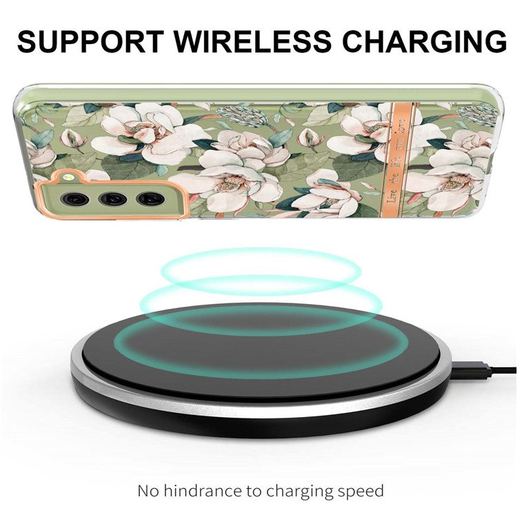 LB5 Series Flower Pattern TPU Case for Samsung Galaxy S21 FE 5G Electroplating IMD IML Mobile Phone Cover - HC001 Green Gardenia