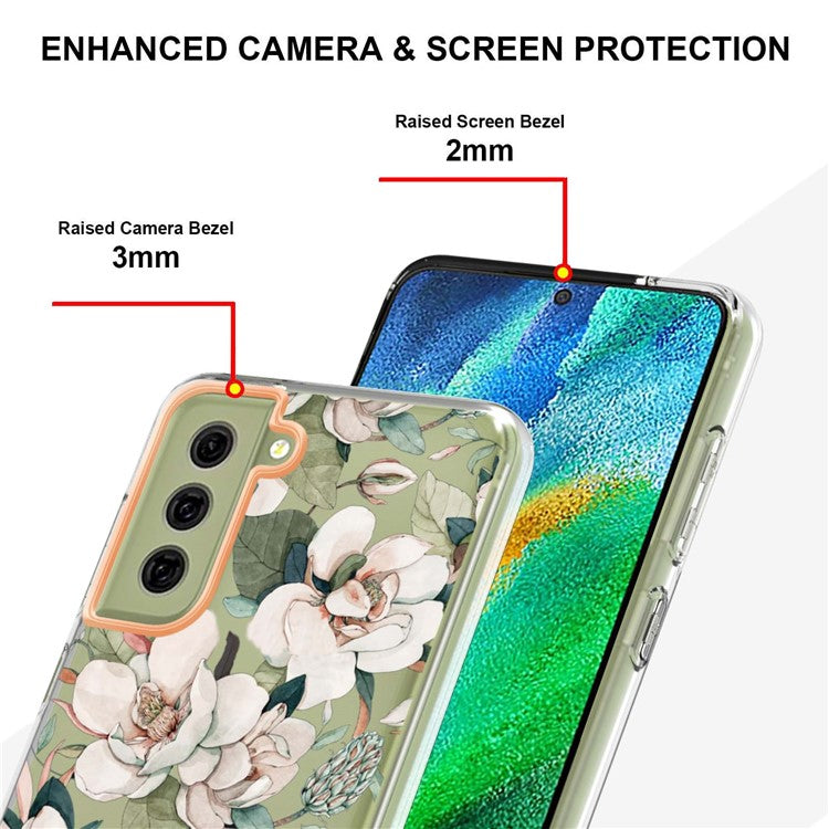 LB5 Series Flower Pattern TPU Case for Samsung Galaxy S21 FE 5G Electroplating IMD IML Mobile Phone Cover - HC001 Green Gardenia