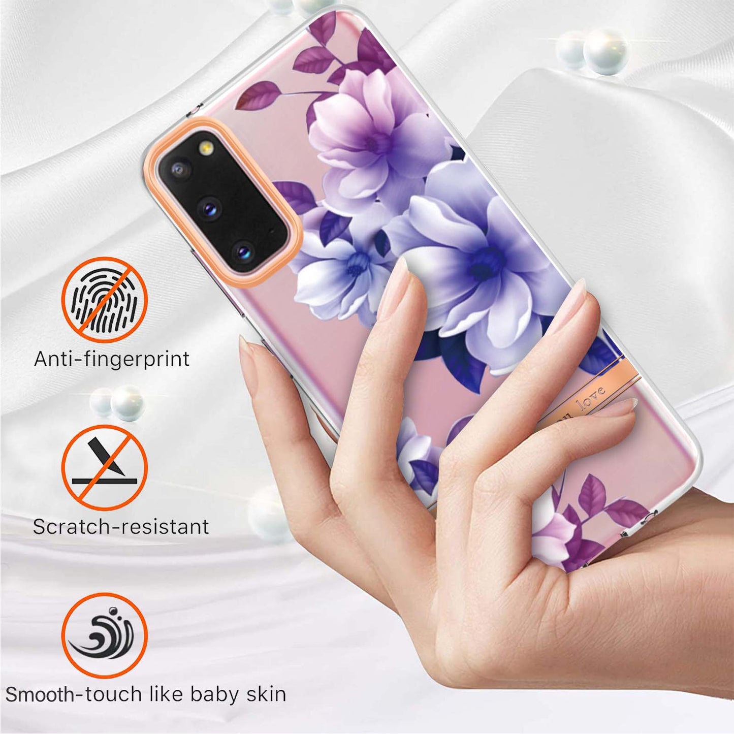 LB5 Series IMD IML TPU Phone Case for Samsung Galaxy S20 4G/S20 5G Scratch-resistant Electroplating Flower Pattern Protective Cover - HC004 Purple Begonia