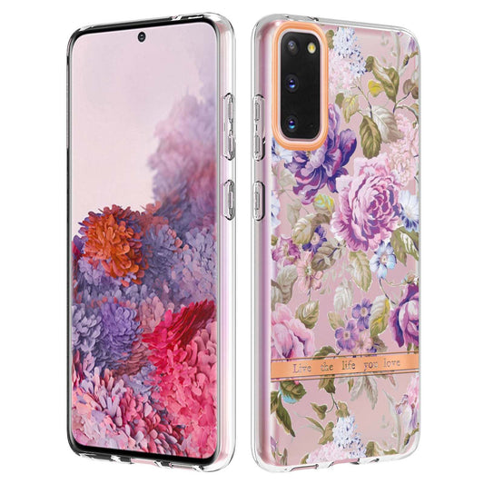 LB5 Series IMD IML TPU Phone Case for Samsung Galaxy S20 4G/S20 5G Scratch-resistant Electroplating Flower Pattern Protective Cover - HC006 Purple Peony