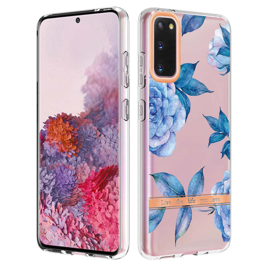 LB5 Series IMD IML TPU Phone Case for Samsung Galaxy S20 4G/S20 5G Scratch-resistant Electroplating Flower Pattern Protective Cover - HC003 Blue Peony