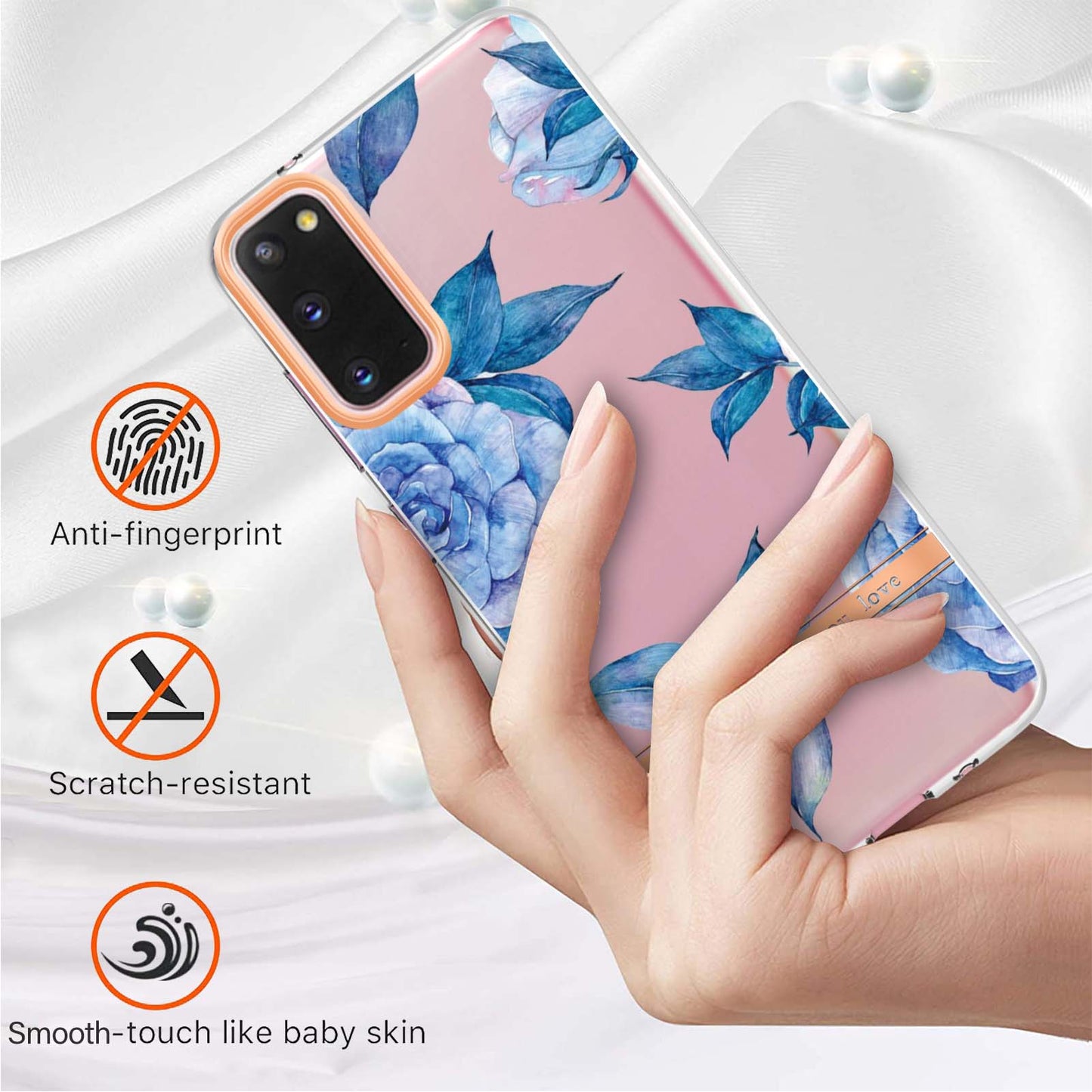 LB5 Series IMD IML TPU Phone Case for Samsung Galaxy S20 4G/S20 5G Scratch-resistant Electroplating Flower Pattern Protective Cover - HC003 Blue Peony