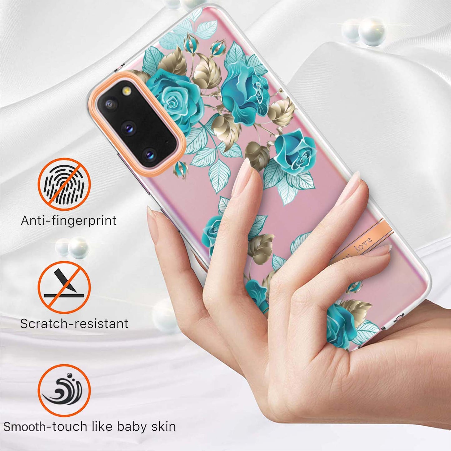 LB5 Series IMD IML TPU Phone Case for Samsung Galaxy S20 4G/S20 5G Scratch-resistant Electroplating Flower Pattern Protective Cover - HC002 Blue Rose