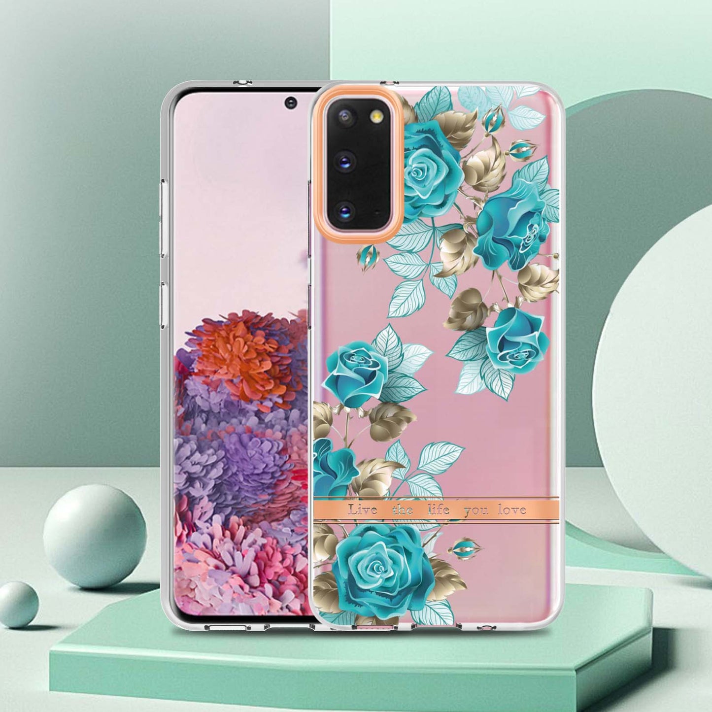LB5 Series IMD IML TPU Phone Case for Samsung Galaxy S20 4G/S20 5G Scratch-resistant Electroplating Flower Pattern Protective Cover - HC002 Blue Rose