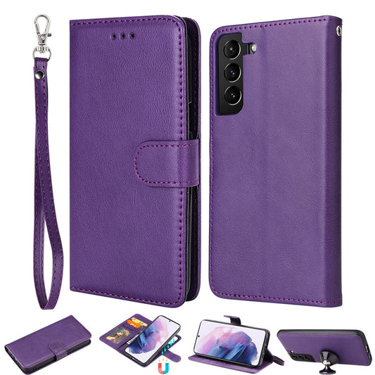 For Samsung Galaxy S22 5G Detachable Leather Coated TPU Phone Case Foldable Stand Wallet Leather Cover with Strap - Purple