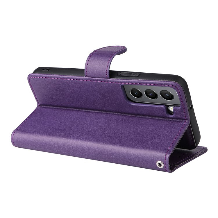 For Samsung Galaxy S22 5G Detachable Leather Coated TPU Phone Case Foldable Stand Wallet Leather Cover with Strap - Purple