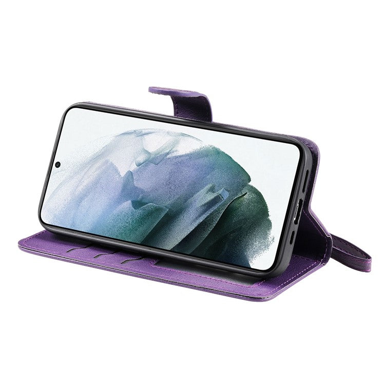 For Samsung Galaxy S22 5G Detachable Leather Coated TPU Phone Case Foldable Stand Wallet Leather Cover with Strap - Purple