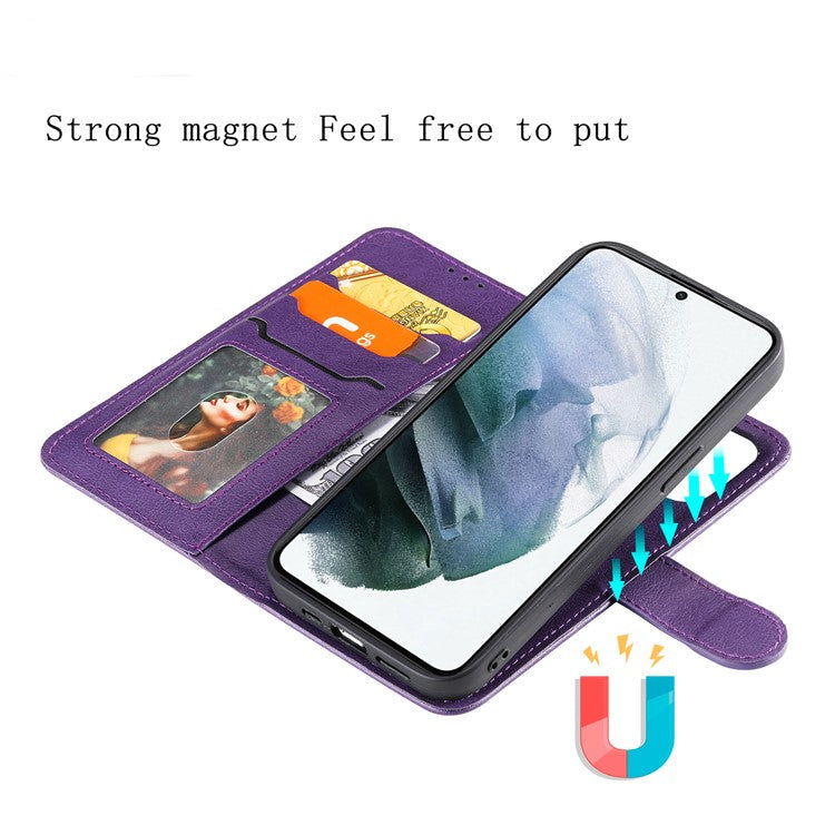 For Samsung Galaxy S22 5G Detachable Leather Coated TPU Phone Case Foldable Stand Wallet Leather Cover with Strap - Purple