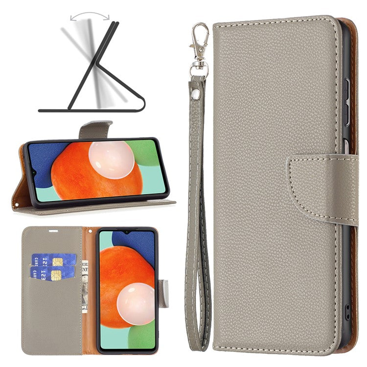 For Samsung Galaxy A13 4G / A13 5G / A04 4G (164.4 x 76.3 x 9.1 mm) Magnetic Closure Litchi Texture PU Leather Wallet Solid Color Cell Phone Cover with Strap - Grey