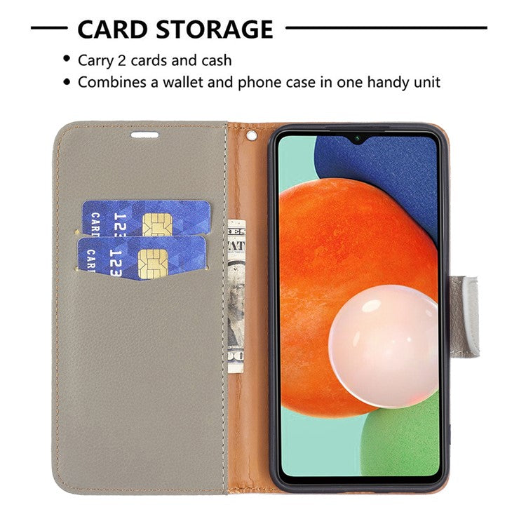 For Samsung Galaxy A13 4G / A13 5G / A04 4G (164.4 x 76.3 x 9.1 mm) Magnetic Closure Litchi Texture PU Leather Wallet Solid Color Cell Phone Cover with Strap - Grey