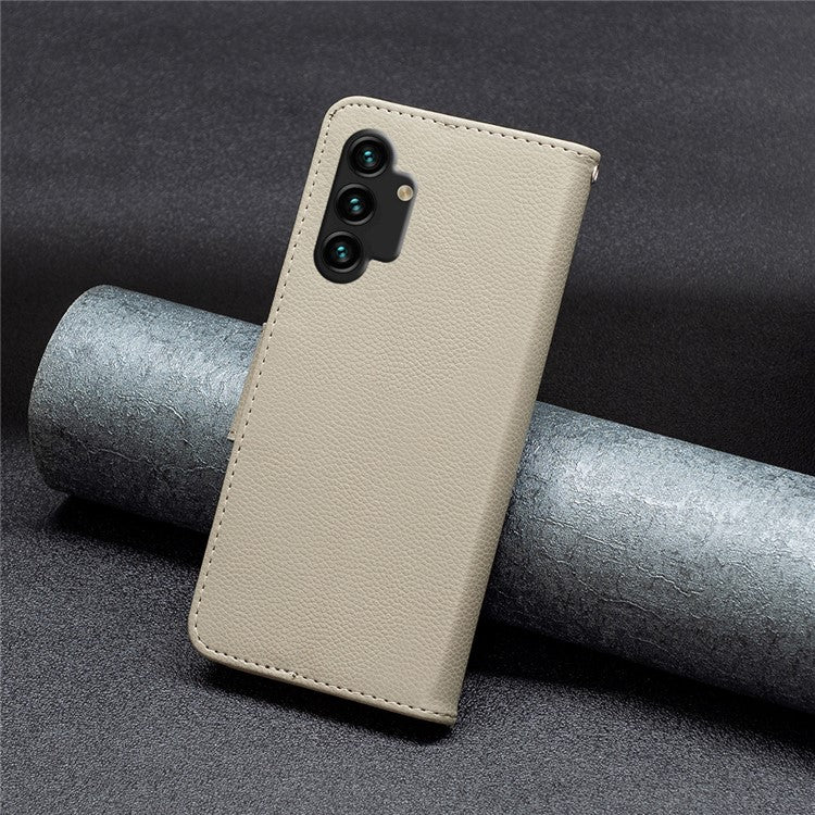 For Samsung Galaxy A13 4G / A13 5G / A04 4G (164.4 x 76.3 x 9.1 mm) Magnetic Closure Litchi Texture PU Leather Wallet Solid Color Cell Phone Cover with Strap - Grey