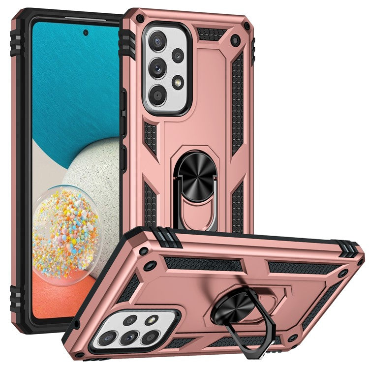 For Samsung Galaxy A53 5G PC + TPU Hybrid Phone Case with Ring Kickstand Built-in Magnetic Metal Plate - Rose Gold
