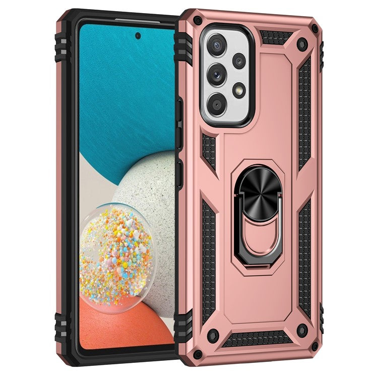 For Samsung Galaxy A53 5G PC + TPU Hybrid Phone Case with Ring Kickstand Built-in Magnetic Metal Plate - Rose Gold