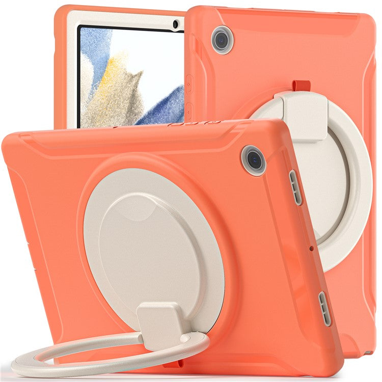 For Samsung Galaxy Tab A8 10.5 (2021) / A8 10.5 (2022) X200 / X205 360 Degree Rotary Kickstand Handle Tablet Case PC + TPU Hybrid Cover Shell - Coral Orange