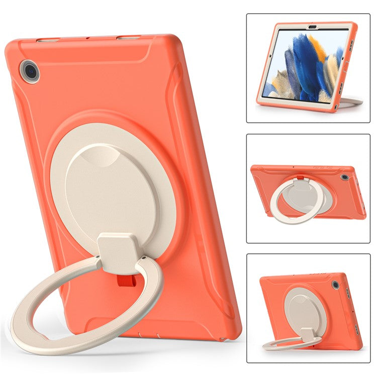 For Samsung Galaxy Tab A8 10.5 (2021) / A8 10.5 (2022) X200 / X205 360 Degree Rotary Kickstand Handle Tablet Case PC + TPU Hybrid Cover Shell - Coral Orange