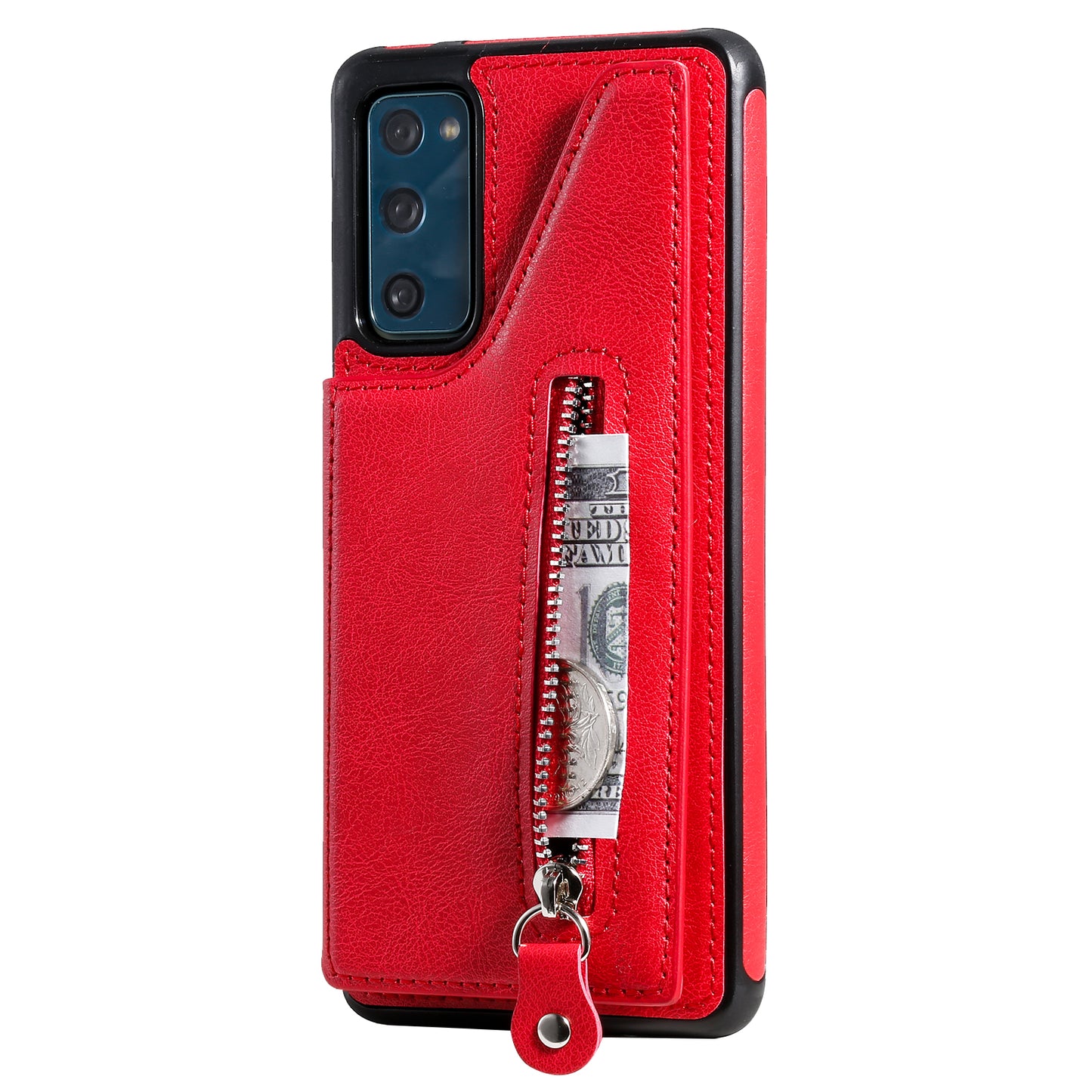 For Samsung Galaxy S20 FE 2022/S20 FE/S20 FE 5G/S20 Lite KT Leather Coated Series-2 Zipper Pocket Design PU Leather Coated Kickstand Phone Case - Red