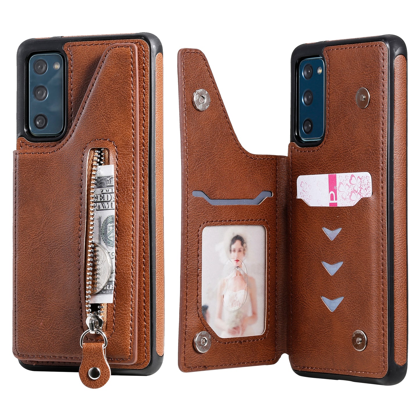 For Samsung Galaxy S20 FE 2022/S20 FE/S20 FE 5G/S20 Lite KT Leather Coated Series-2 Zipper Pocket Design PU Leather Coated Kickstand Phone Case - Brown