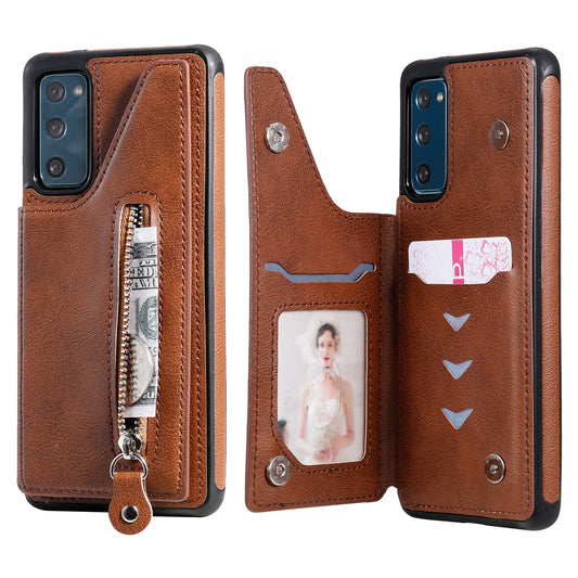 For Samsung Galaxy S20 FE 2022/S20 FE/S20 FE 5G/S20 Lite KT Leather Coated Series-2 Zipper Pocket Design PU Leather Coated Kickstand Phone Case - Brown