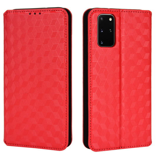 For Samsung Galaxy S20 Plus 4G/5G Imprinting Rhombus Wallet Stand Leather Phone Case Strong Magnet Auto Closing Protective Cover - Red
