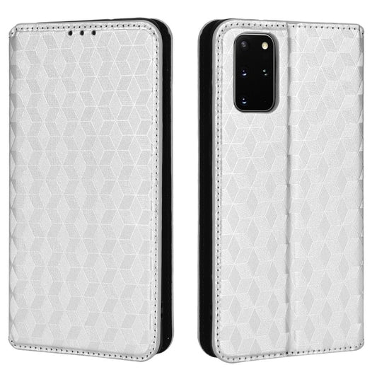 For Samsung Galaxy S20 Plus 4G/5G Imprinting Rhombus Wallet Stand Leather Phone Case Strong Magnet Auto Closing Protective Cover - Silver