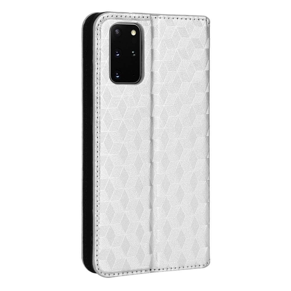 For Samsung Galaxy S20 Plus 4G/5G Imprinting Rhombus Wallet Stand Leather Phone Case Strong Magnet Auto Closing Protective Cover - Silver