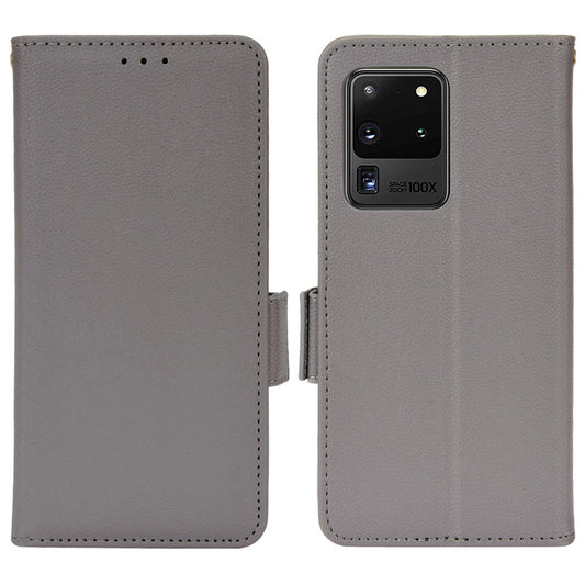 Wallet Stand Phone Leather Cover for Samsung Galaxy S20 Ultra, Litchi Texture Side Magnetic Clasp Case - Grey