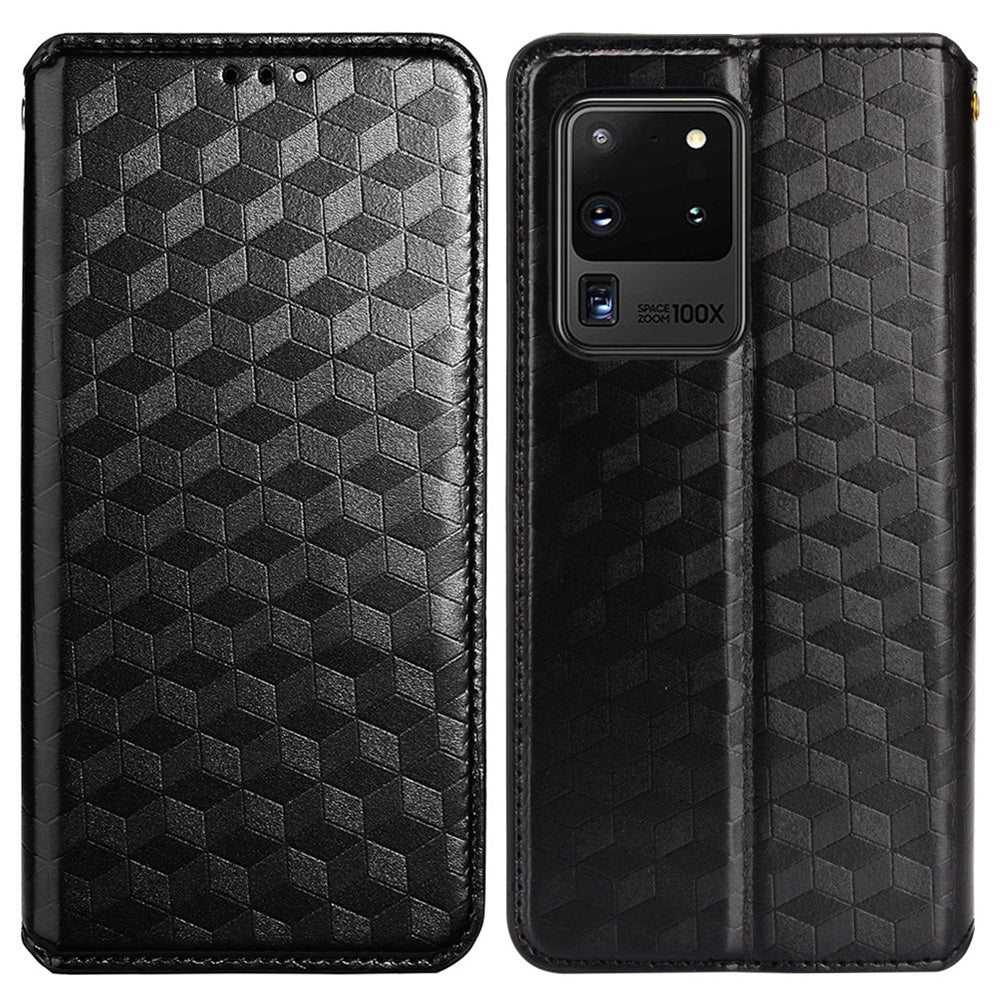 Leather Wallet Case for Samsung Galaxy S20 Ultra, Stand Feature Imprinted Rhombus Magnetic Absorption Flip Protective Cover - Black