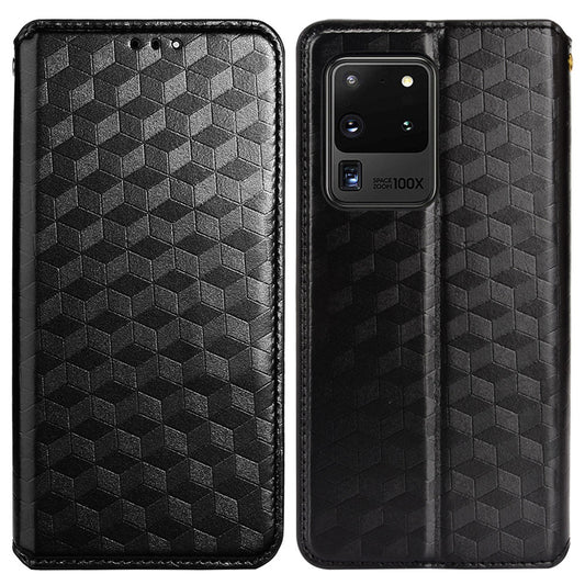 Leather Wallet Case for Samsung Galaxy S20 Ultra, Stand Feature Imprinted Rhombus Magnetic Absorption Flip Protective Cover - Black