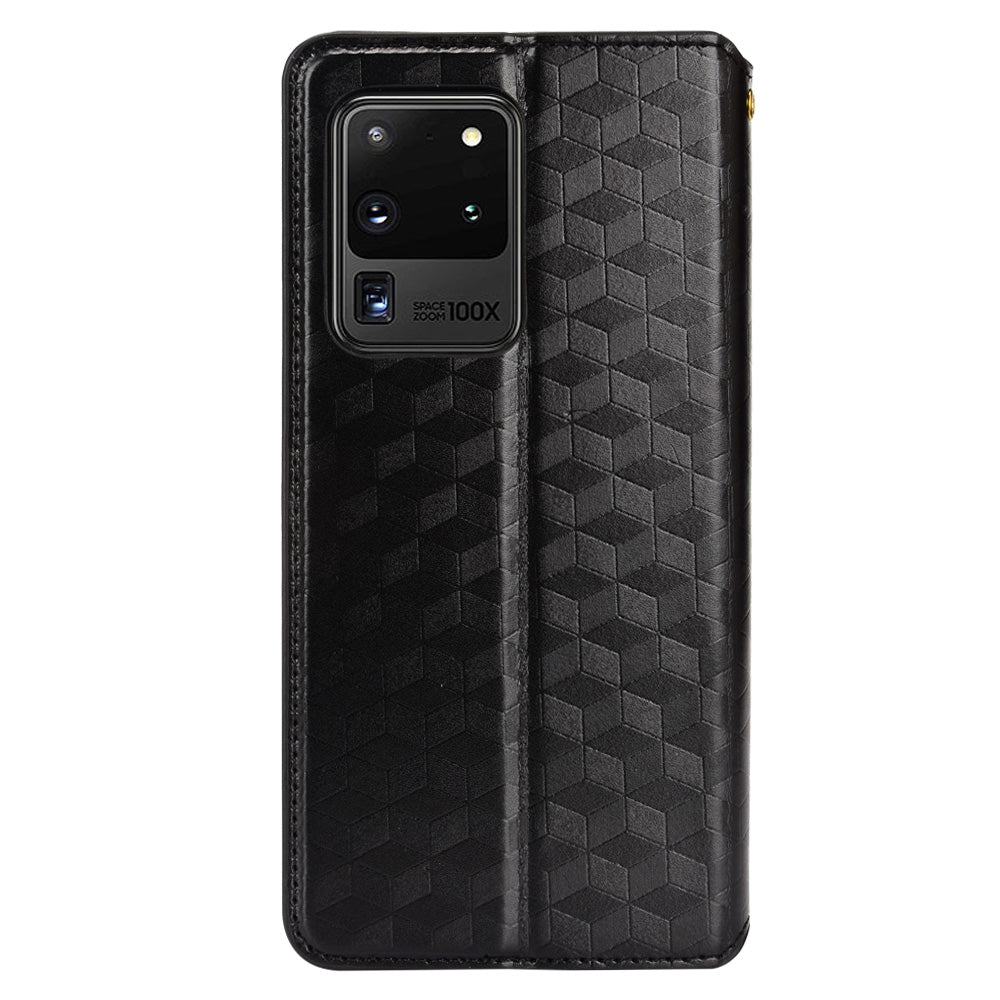 Leather Wallet Case for Samsung Galaxy S20 Ultra, Stand Feature Imprinted Rhombus Magnetic Absorption Flip Protective Cover - Black