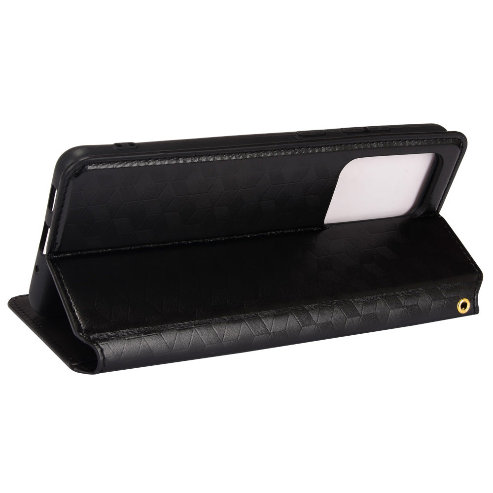 Leather Wallet Case for Samsung Galaxy S20 Ultra, Stand Feature Imprinted Rhombus Magnetic Absorption Flip Protective Cover - Black