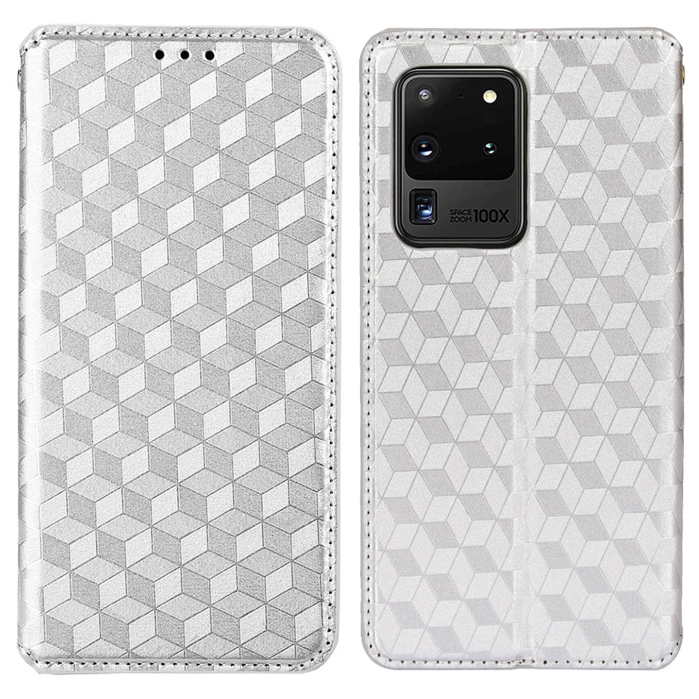 Leather Wallet Case for Samsung Galaxy S20 Ultra, Stand Feature Imprinted Rhombus Magnetic Absorption Flip Protective Cover - Silver