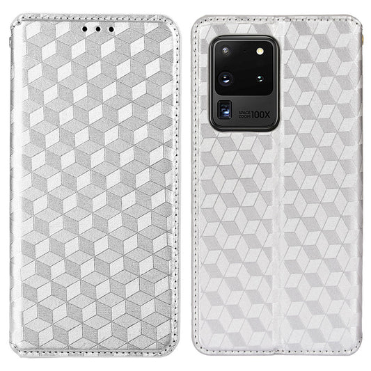 Leather Wallet Case for Samsung Galaxy S20 Ultra, Stand Feature Imprinted Rhombus Magnetic Absorption Flip Protective Cover - Silver