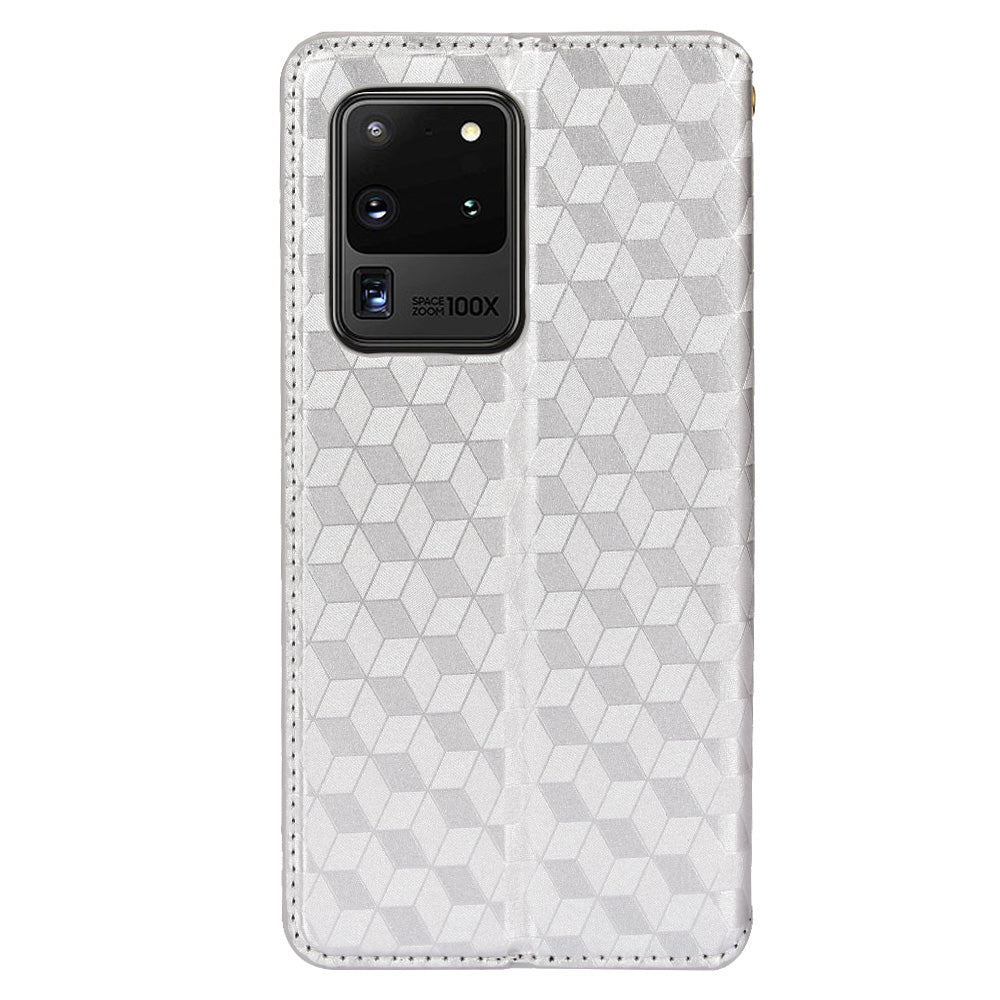 Leather Wallet Case for Samsung Galaxy S20 Ultra, Stand Feature Imprinted Rhombus Magnetic Absorption Flip Protective Cover - Silver