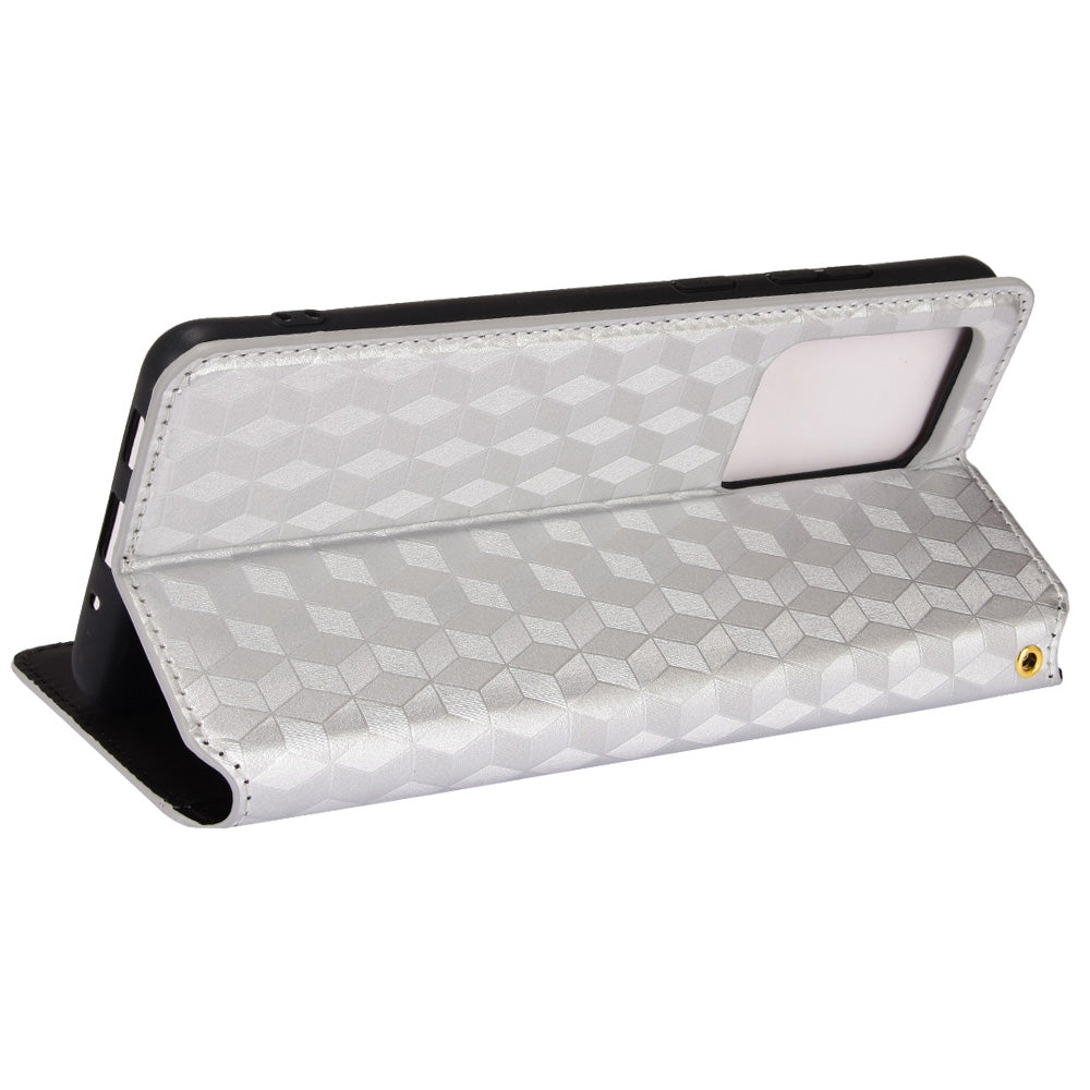 Leather Wallet Case for Samsung Galaxy S20 Ultra, Stand Feature Imprinted Rhombus Magnetic Absorption Flip Protective Cover - Silver