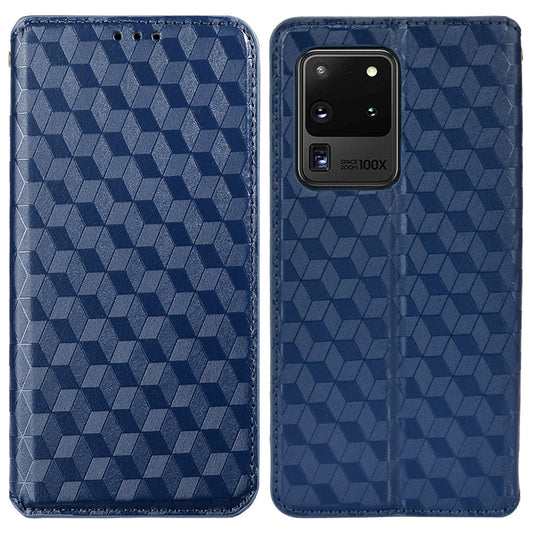Leather Wallet Case for Samsung Galaxy S20 Ultra, Stand Feature Imprinted Rhombus Magnetic Absorption Flip Protective Cover - Blue