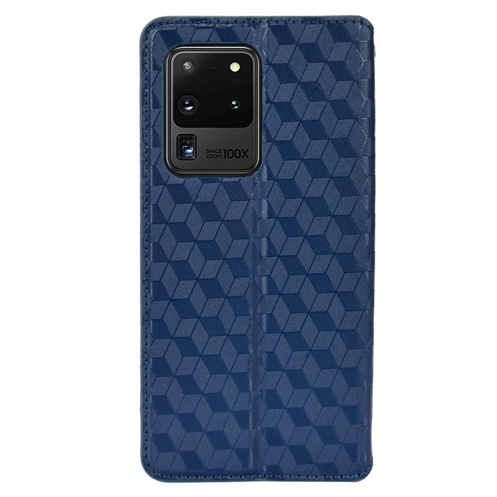 Leather Wallet Case for Samsung Galaxy S20 Ultra, Stand Feature Imprinted Rhombus Magnetic Absorption Flip Protective Cover - Blue