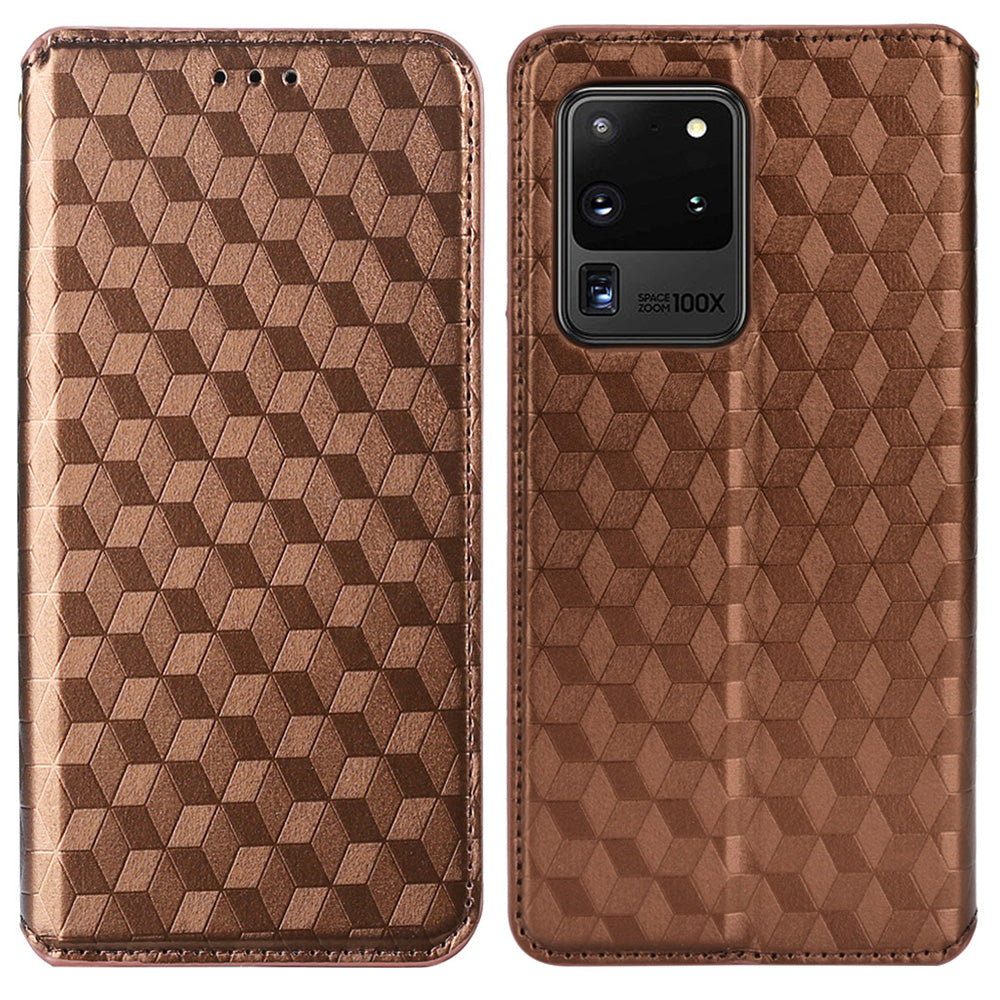 Leather Wallet Case for Samsung Galaxy S20 Ultra, Stand Feature Imprinted Rhombus Magnetic Absorption Flip Protective Cover - Brown