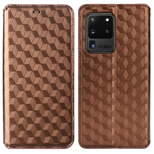 Leather Wallet Case for Samsung Galaxy S20 Ultra, Stand Feature Imprinted Rhombus Magnetic Absorption Flip Protective Cover - Brown