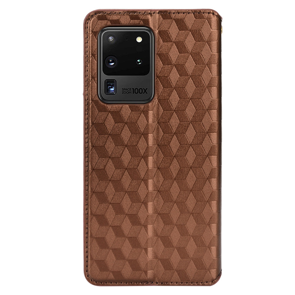 Leather Wallet Case for Samsung Galaxy S20 Ultra, Stand Feature Imprinted Rhombus Magnetic Absorption Flip Protective Cover - Brown