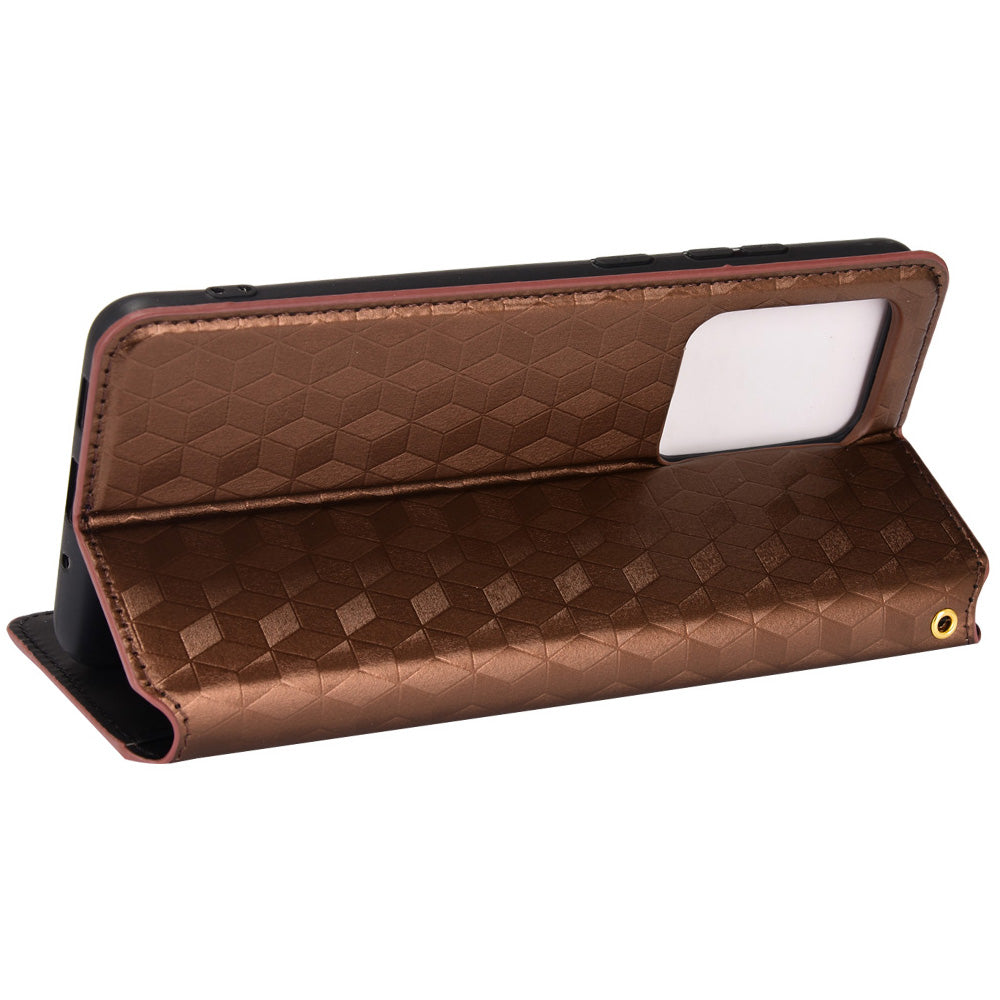 Leather Wallet Case for Samsung Galaxy S20 Ultra, Stand Feature Imprinted Rhombus Magnetic Absorption Flip Protective Cover - Brown